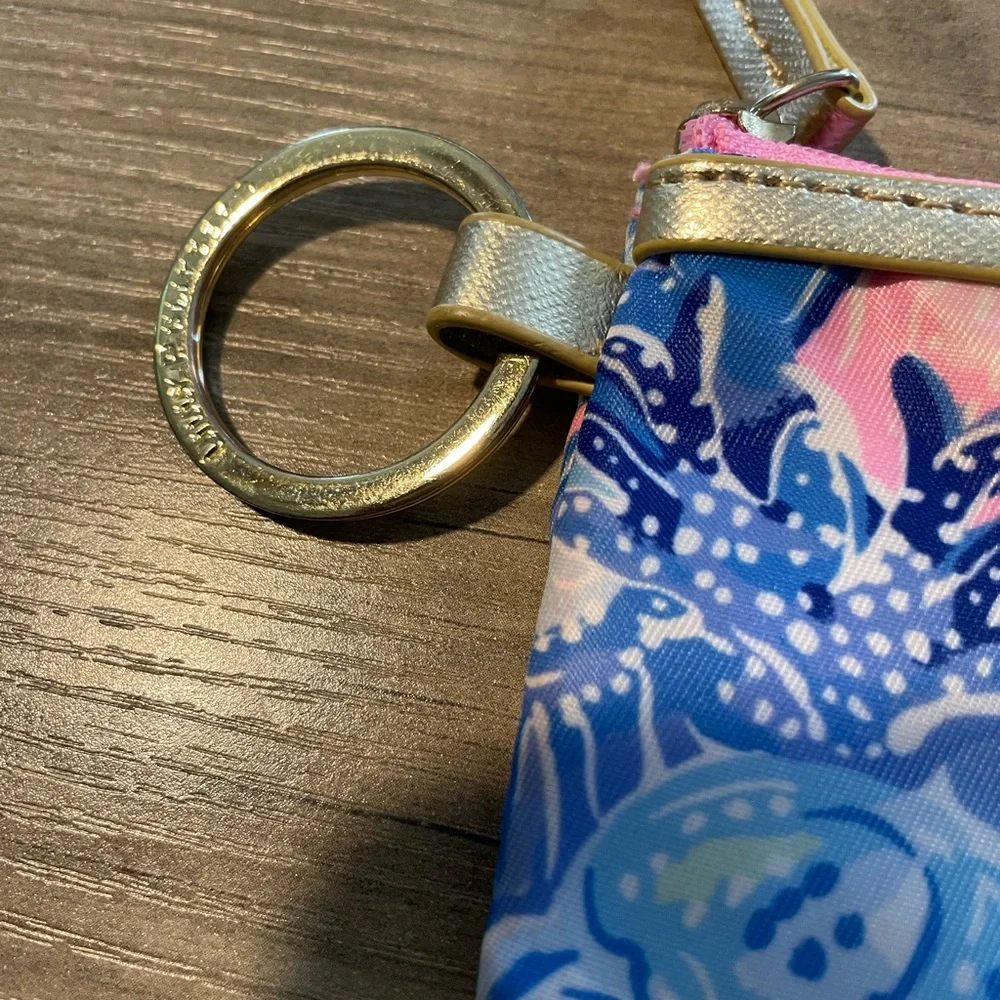 Lilly Pulitzer zip Close top blue pink floral ID pouch w logo Key ring 5.5 x 3.5